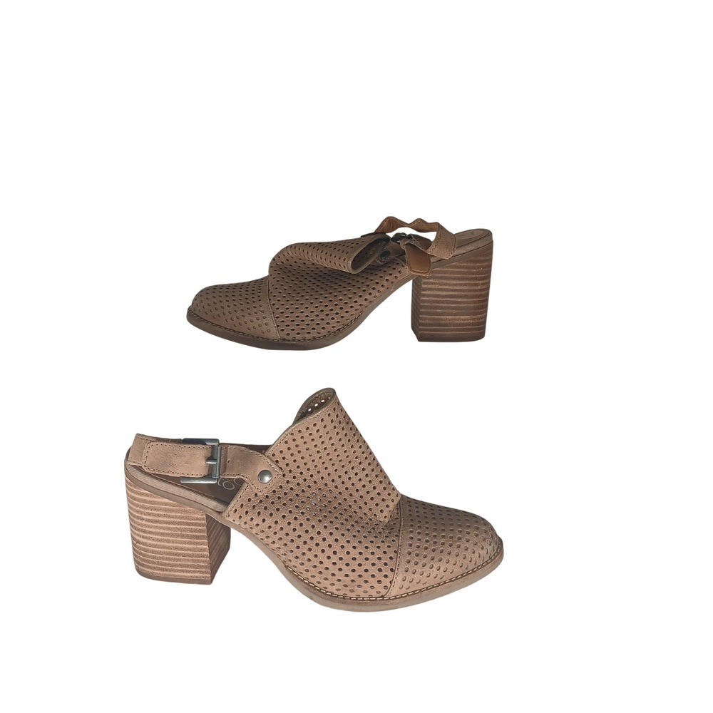 Franco Sarto Aubree Sandals 7 Tan Leather Perforated Block Heel Slingback Mules